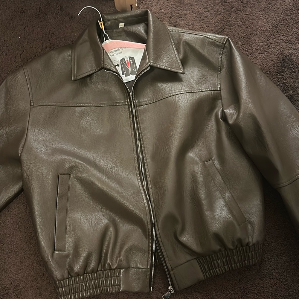 Oversized brown faux leather jacket size large